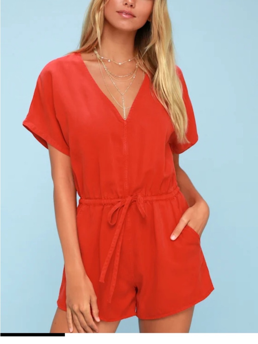 V-Neck Short Sleeve Drawstring Romper in Bright Red Obey